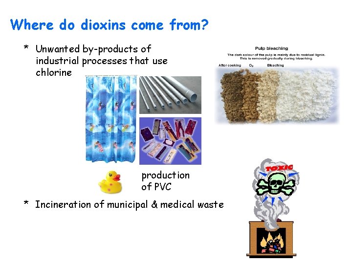 Where do dioxins come from? * Unwanted by-products of industrial processes that use chlorine