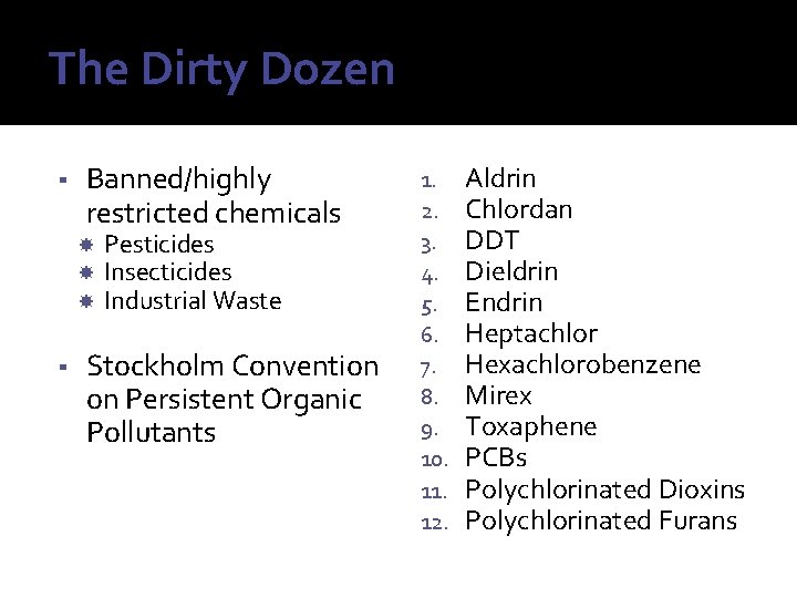 The Dirty Dozen ▪ Banned/highly restricted chemicals ▪ Pesticides Insecticides Industrial Waste Stockholm Convention