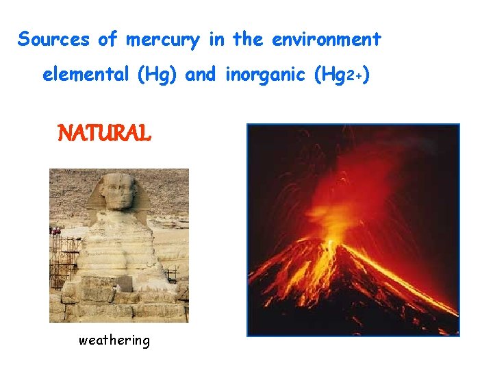 Sources of mercury in the environment elemental (Hg) and inorganic (Hg 2+) NATURAL weathering