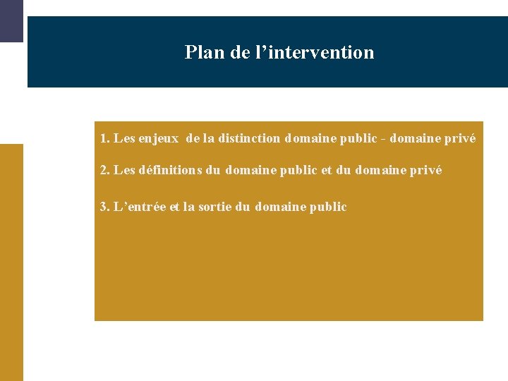 Plan de l’intervention 1. Les enjeux de la distinction domaine public - domaine privé