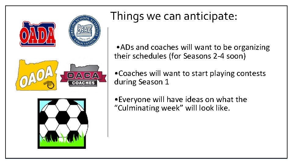 Things we can anticipate: • ADs and coaches will want to be organizing their