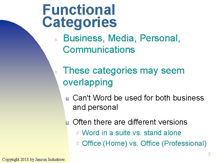 Functional Categories n n Business, Media, Personal, Communications These categories may seem overlapping u
