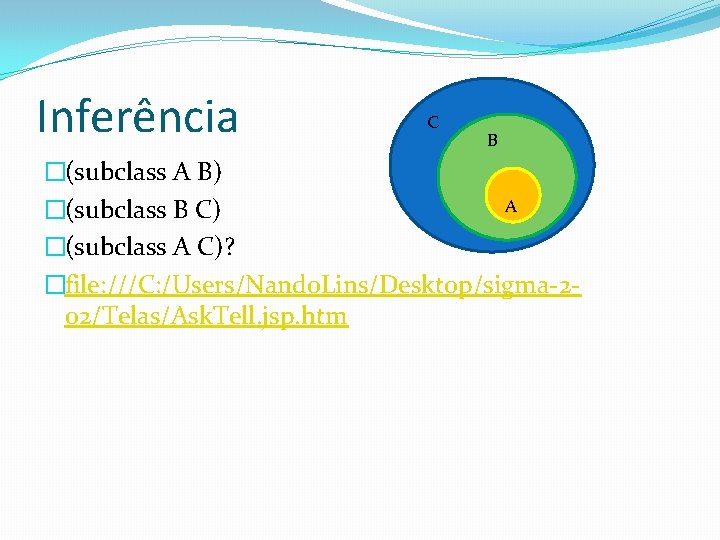 Inferência C B �(subclass A B) A �(subclass B C) �(subclass A C)? �file: