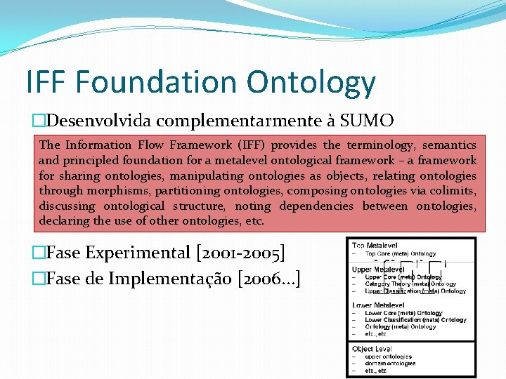 IFF Foundation Ontology �Desenvolvida complementarmente à SUMO The Information Flow Framework (IFF) provides the