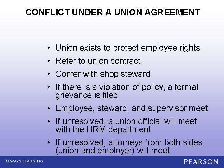 CONFLICT UNDER A UNION AGREEMENT • Union exists to protect employee rights • Refer