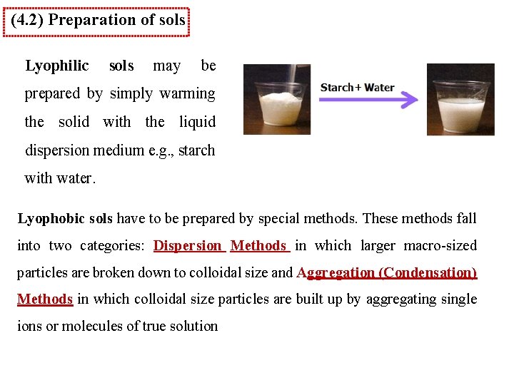 (4. 2) Preparation of sols Lyophilic sols may be prepared by simply warming the