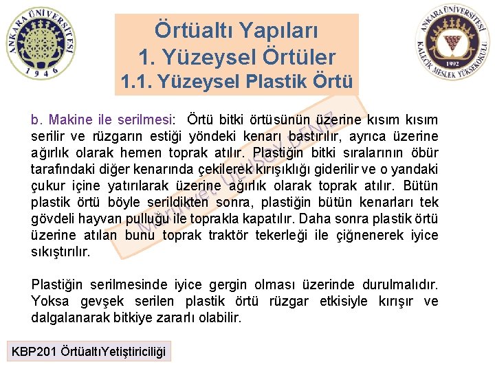 Örtüaltı Yapıları 1. Yüzeysel Örtüler 1. 1. Yüzeysel Plastik Örtü b. Makine ile serilmesi: