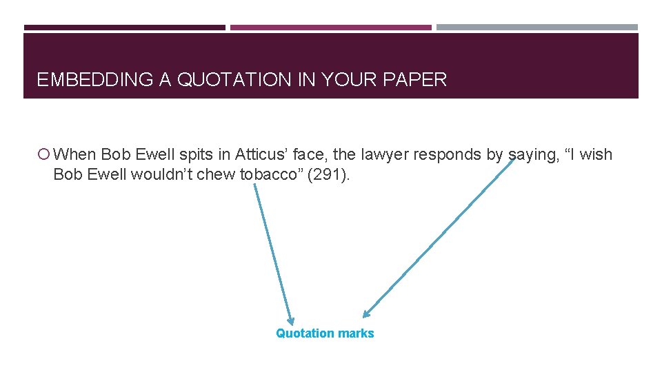 EMBEDDING A QUOTATION IN YOUR PAPER When Bob Ewell spits in Atticus’ face, the