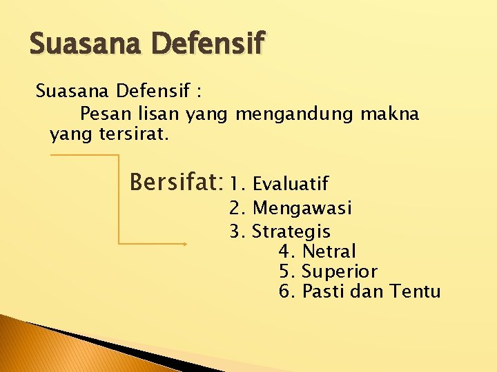 Suasana Defensif : Pesan lisan yang mengandung makna yang tersirat. Bersifat: 1. Evaluatif 2.