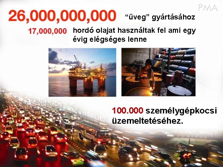 “üveg” gyártásához hordó olajat használtak fel ami egy évig elégséges lenne 100. 000 személygépkocsi