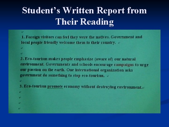 Student’s Written Report from Their Reading Student’s Written Report from Their Reading