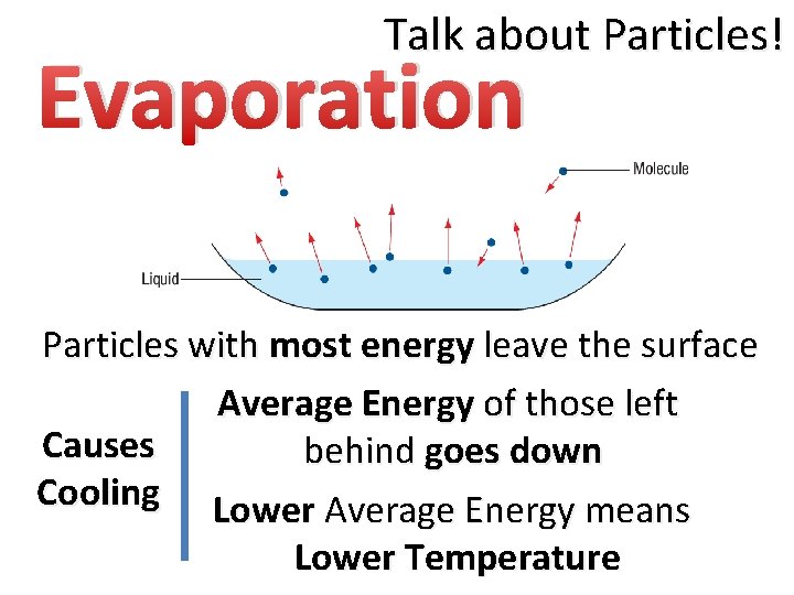 Talk about Particles! Evaporation Particles with most energy leave the surface Average Energy of