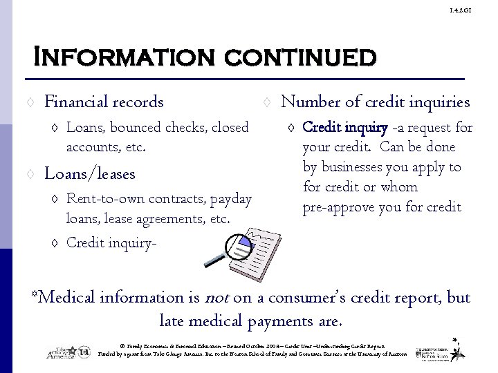 1. 4. 2. G 1 Information continued ◊ Financial records ◊ ◊ Loans, bounced