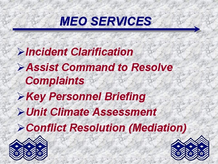 MEO SERVICES ØIncident Clarification ØAssist Command to Resolve Complaints ØKey Personnel Briefing ØUnit Climate