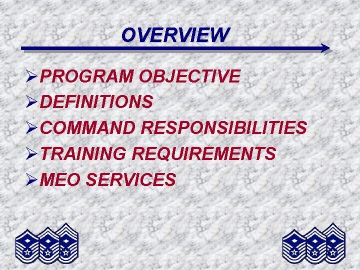 OVERVIEW ØPROGRAM OBJECTIVE ØDEFINITIONS ØCOMMAND RESPONSIBILITIES ØTRAINING REQUIREMENTS ØMEO SERVICES 