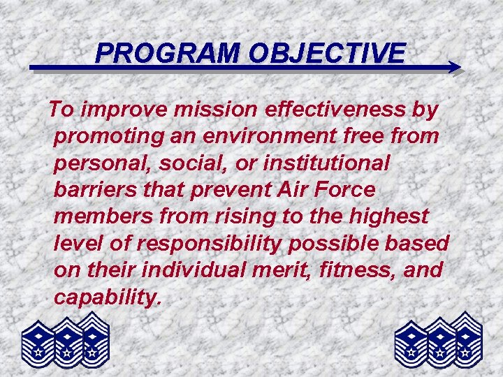 PROGRAM OBJECTIVE To improve mission effectiveness by promoting an environment free from personal, social,