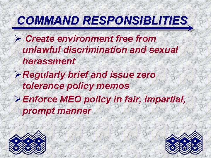 COMMAND RESPONSIBLITIES Ø Create environment free from unlawful discrimination and sexual harassment Ø Regularly