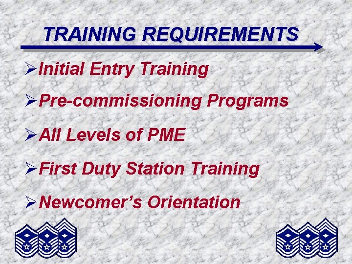 TRAINING REQUIREMENTS ØInitial Entry Training ØPre-commissioning Programs ØAll Levels of PME ØFirst Duty Station