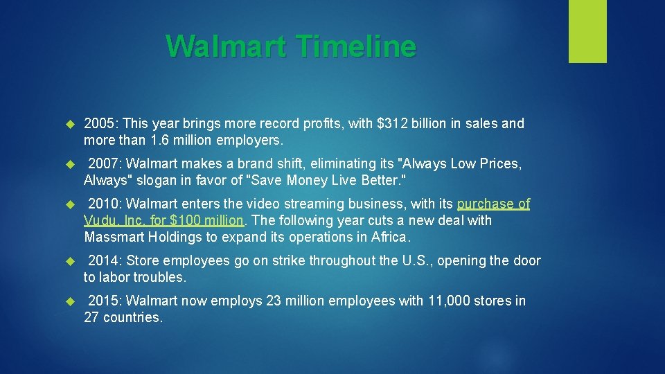 Walmart Timeline 2005: This year brings more record profits, with $312 billion in sales