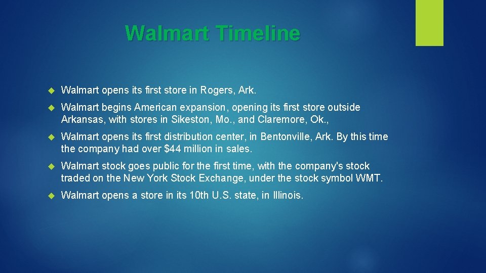Walmart Timeline Walmart opens its first store in Rogers, Ark. Walmart begins American expansion,