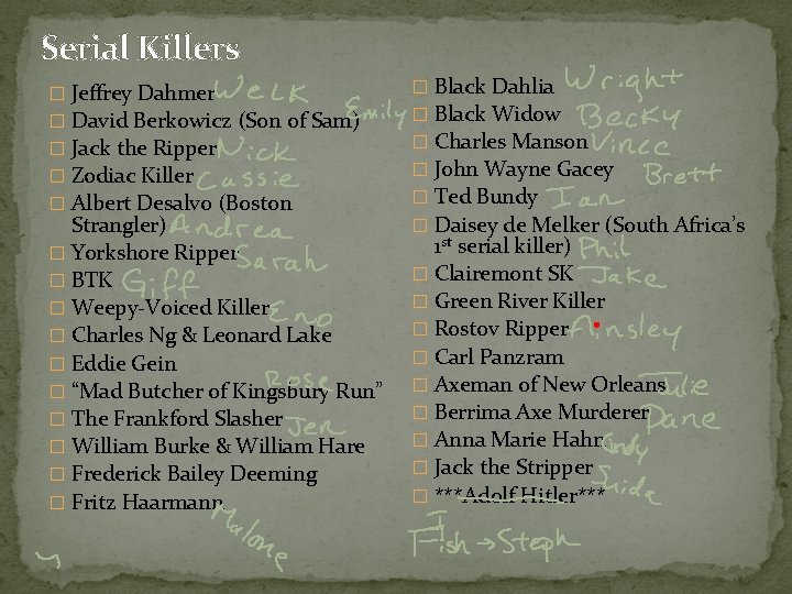 Serial Killers � Jeffrey Dahmer � David Berkowicz (Son of Sam) � Jack the Serial Killers � Jeffrey Dahmer � David Berkowicz (Son of Sam) � Jack the