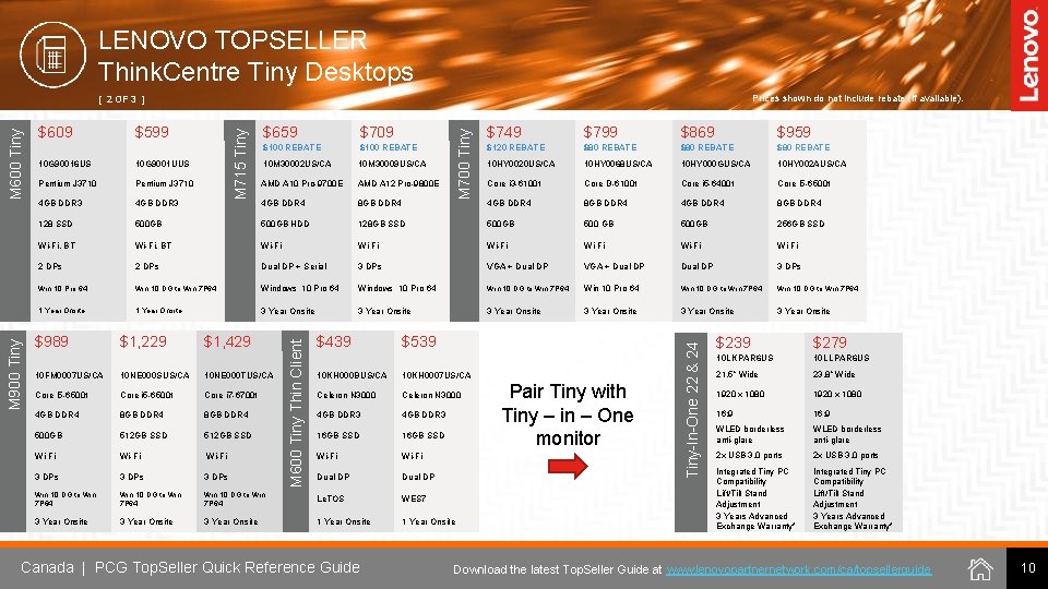 LENOVO TOPSELLER Think. Centre Tiny Desktops Prices shown do not include rebate (if available).