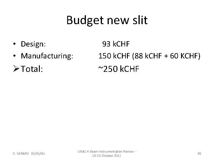 Budget new slit • Design: • Manufacturing: 93 k. CHF 150 k. CHF (88