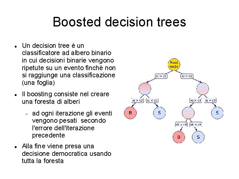 Boosted decision trees Un decision tree è un classificatore ad albero binario in cui