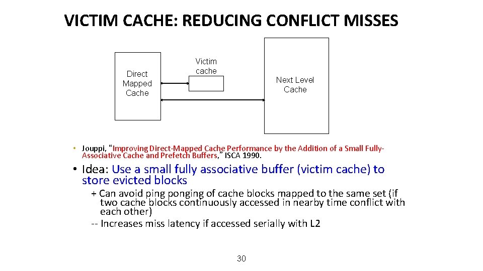 VICTIM CACHE: REDUCING CONFLICT MISSES Direct Mapped Cache Victim cache Next Level Cache •