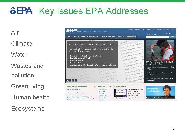 Key Issues EPA Addresses Air Climate Water Wastes and pollution Green living Human health