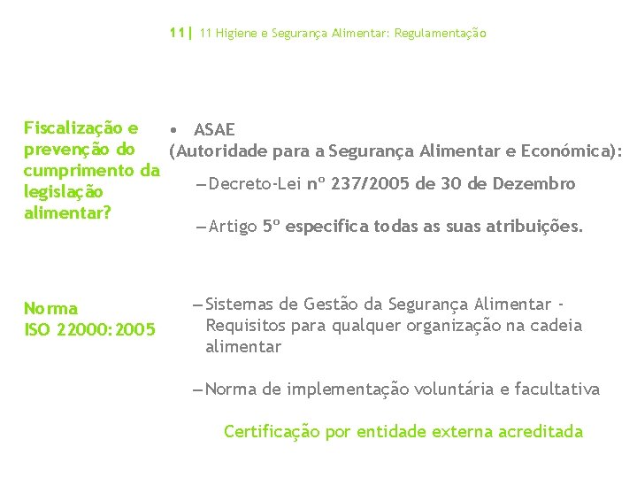 11| 11 Higiene e Segurança Alimentar: Regulamentação Fiscalização e • ASAE prevenção do (Autoridade