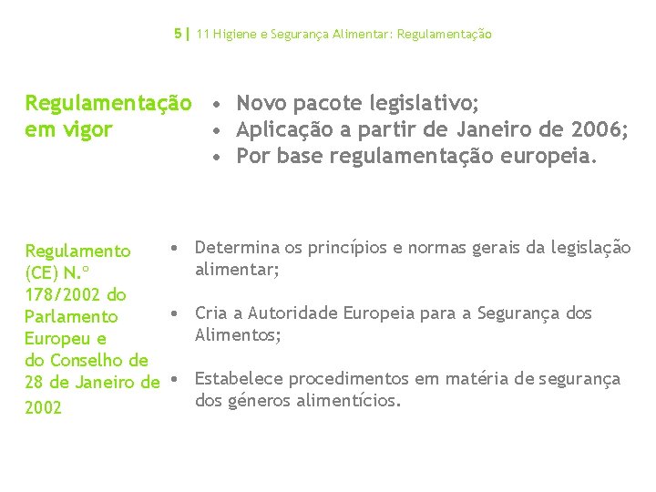 5| 11 Higiene e Segurança Alimentar: Regulamentação • Novo pacote legislativo; em vigor •