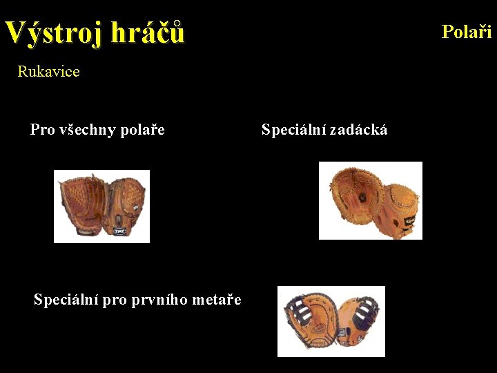 Výstroj hráčů Polaři Rukavice Pro všechny polaře Speciální pro prvního metaře Speciální zadácká 