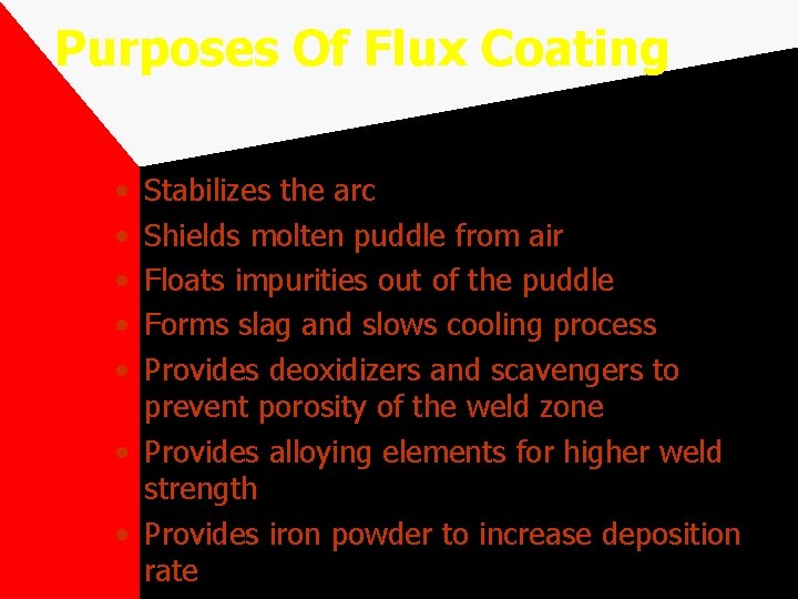 Purposes Of Flux Coating • • • Stabilizes the arc Shields molten puddle from