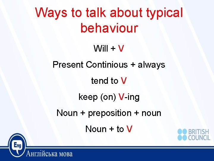 Ways to talk about typical behaviour Will + V Present Continious + always tend