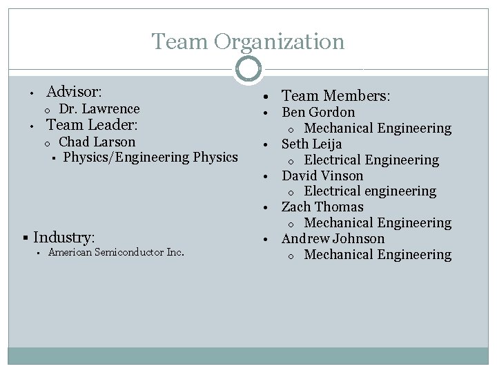Team Organization Advisor: • o Dr. Lawrence Team Leader: • o Chad Larson §