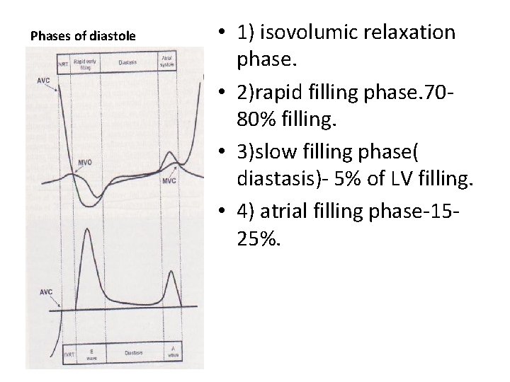 Phases of diastole • 1) isovolumic relaxation phase. • 2)rapid filling phase. 7080% filling.