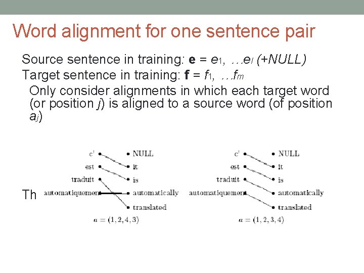 Word alignment for one sentence pair Source sentence in training: e = e 1,