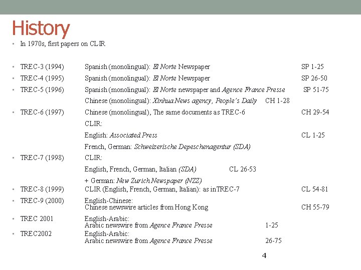 History • In 1970 s, first papers on CLIR • TREC-3 (1994) Spanish (monolingual):