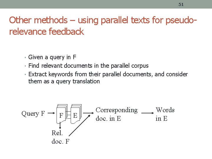 51 Other methods – using parallel texts for pseudorelevance feedback • Given a query