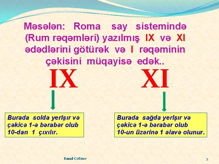 Məsələn: Roma say sistemində (Rum rəqəmləri) yazılmış IX və XI ədədlərini götürək və I