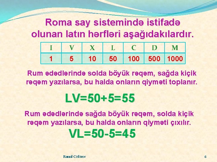 Roma say sistemində istifadə olunan latın hərfləri aşağıdakılardır. I V X L C 1