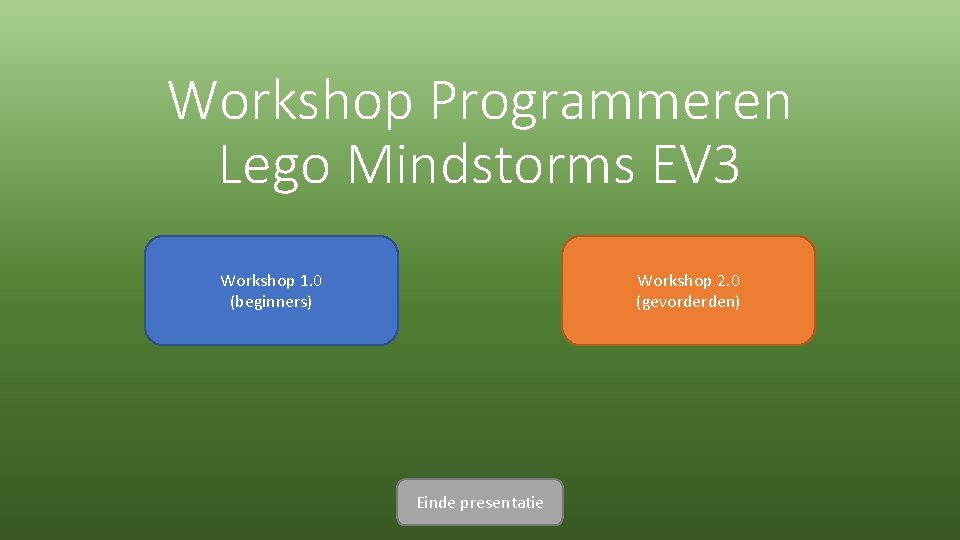 Workshop Programmeren Lego Mindstorms EV 3 Workshop 1. 0 (beginners) Workshop 2. 0 (gevorderden)