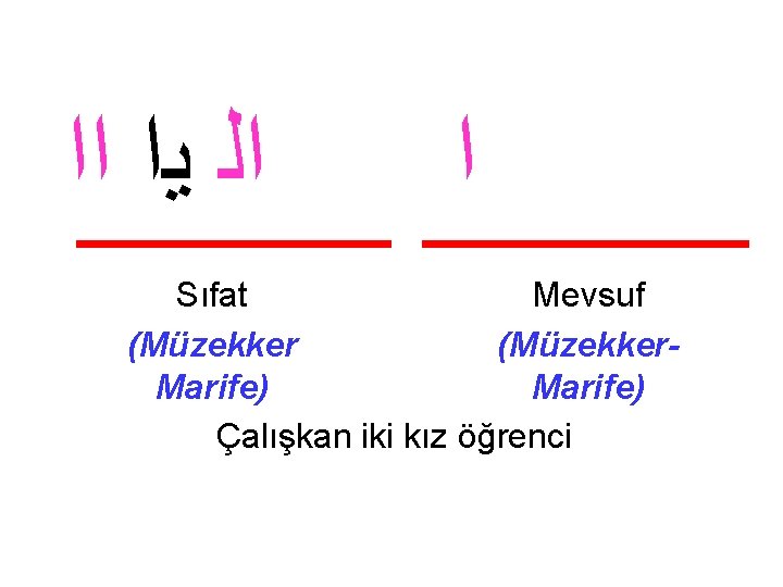  ﺍﻟ ﻳﺍ ﺍﺍﺍ ﺍ Sıfat Mevsuf (Müzekker. Marife) Çalışkan iki kız öğrenci 