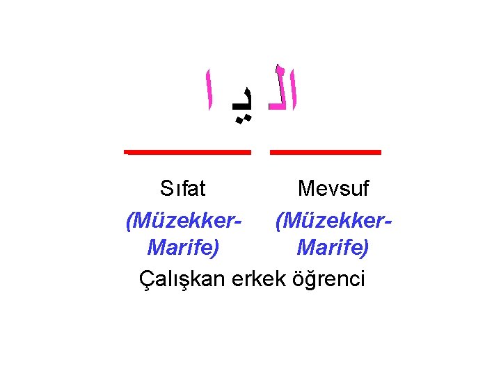  ﺍﻟ ﻳ ﺍ Sıfat Mevsuf (Müzekker. Marife) Çalışkan erkek öğrenci 