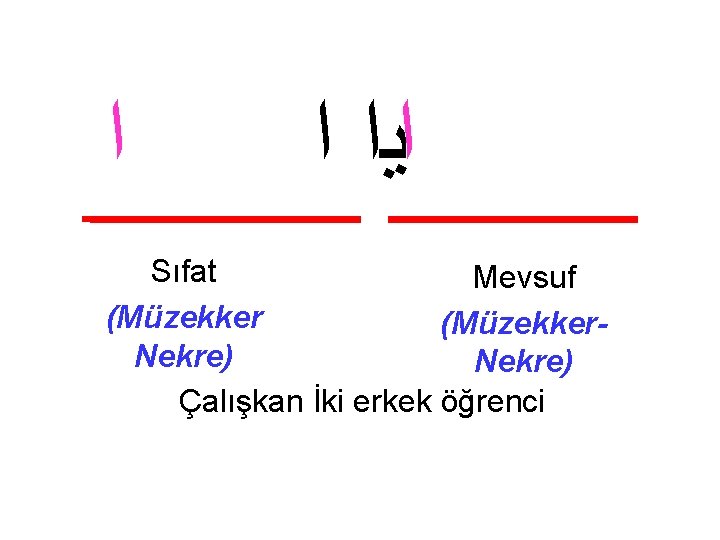  ﺍ ﺍﻳﺍ ﺍ Sıfat Mevsuf (Müzekker. Nekre) Çalışkan İki erkek öğrenci 