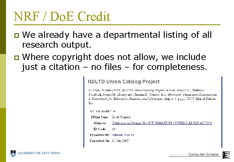 NRF / Do. E Credit We already have a departmental listing of all research