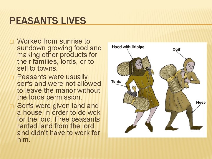 PEASANTS LIVES � � � Worked from sunrise to sundown growing food and making