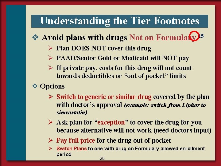Understanding the Tier Footnotes v Avoid plans with drugs Not on Formulary 15 Ø