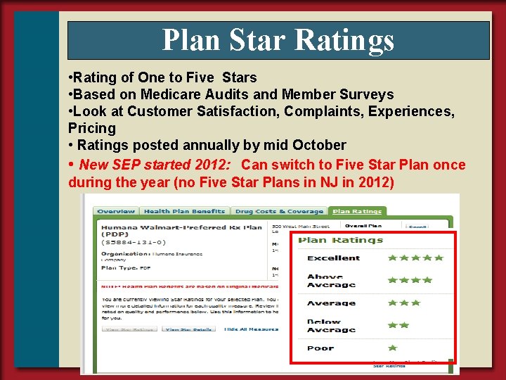 Plan Star Ratings • Rating of One to Five Stars • Based on Medicare
